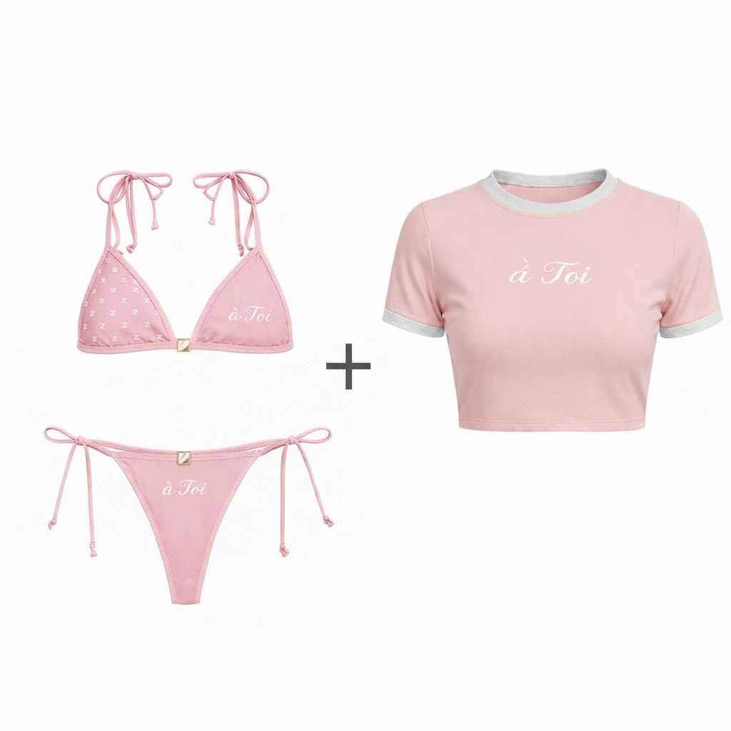 Pink bikini set and matching crop top with 'a Toi' branding on a white background