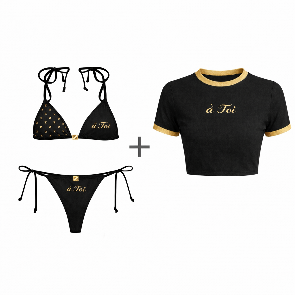 Black bikini set with 'a Toi' branding and a matching black crop top on a white background.