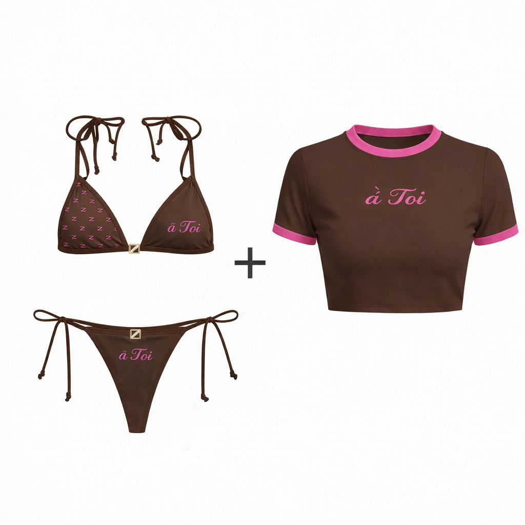 Brown bikini set with matching crop top on a white background