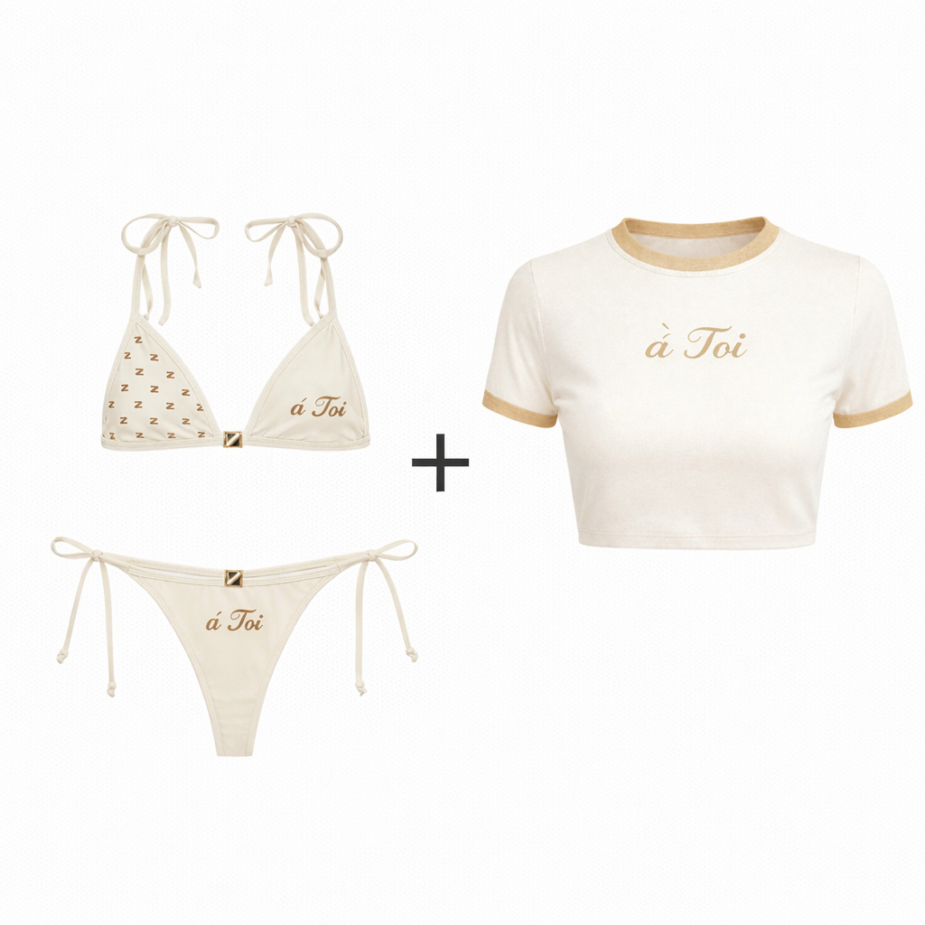 Cream-colored bikini set and matching crop top with 'a Toi' branding on a white background.